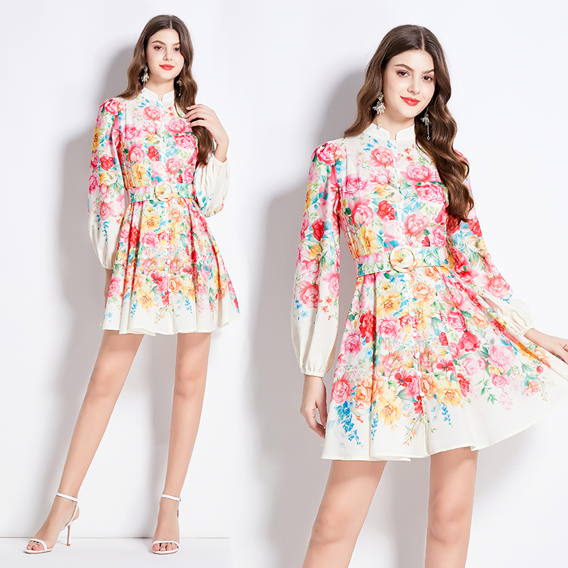 Cstand collar flowers spring and summer printing dress