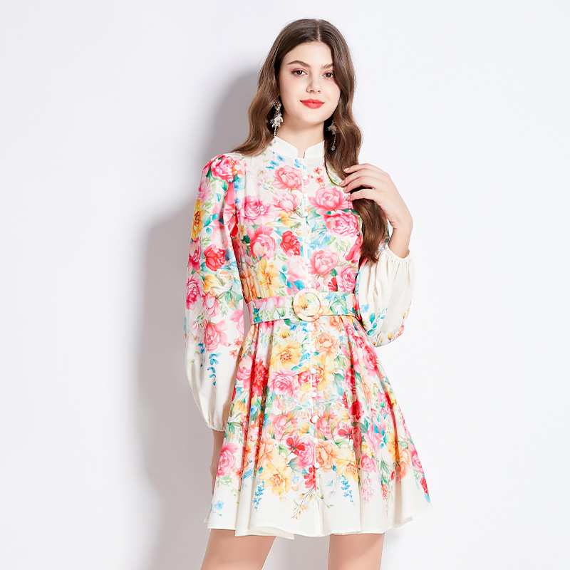 Cstand collar flowers spring and summer printing dress