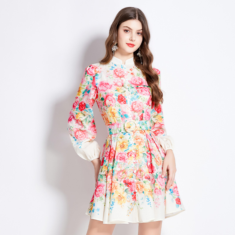 Cstand collar flowers spring and summer printing dress