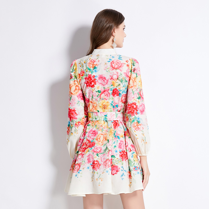 Cstand collar flowers spring and summer printing dress