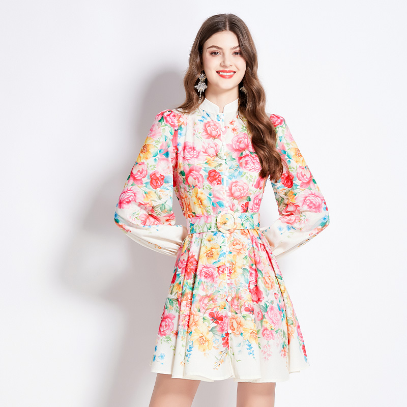 Cstand collar flowers spring and summer printing dress