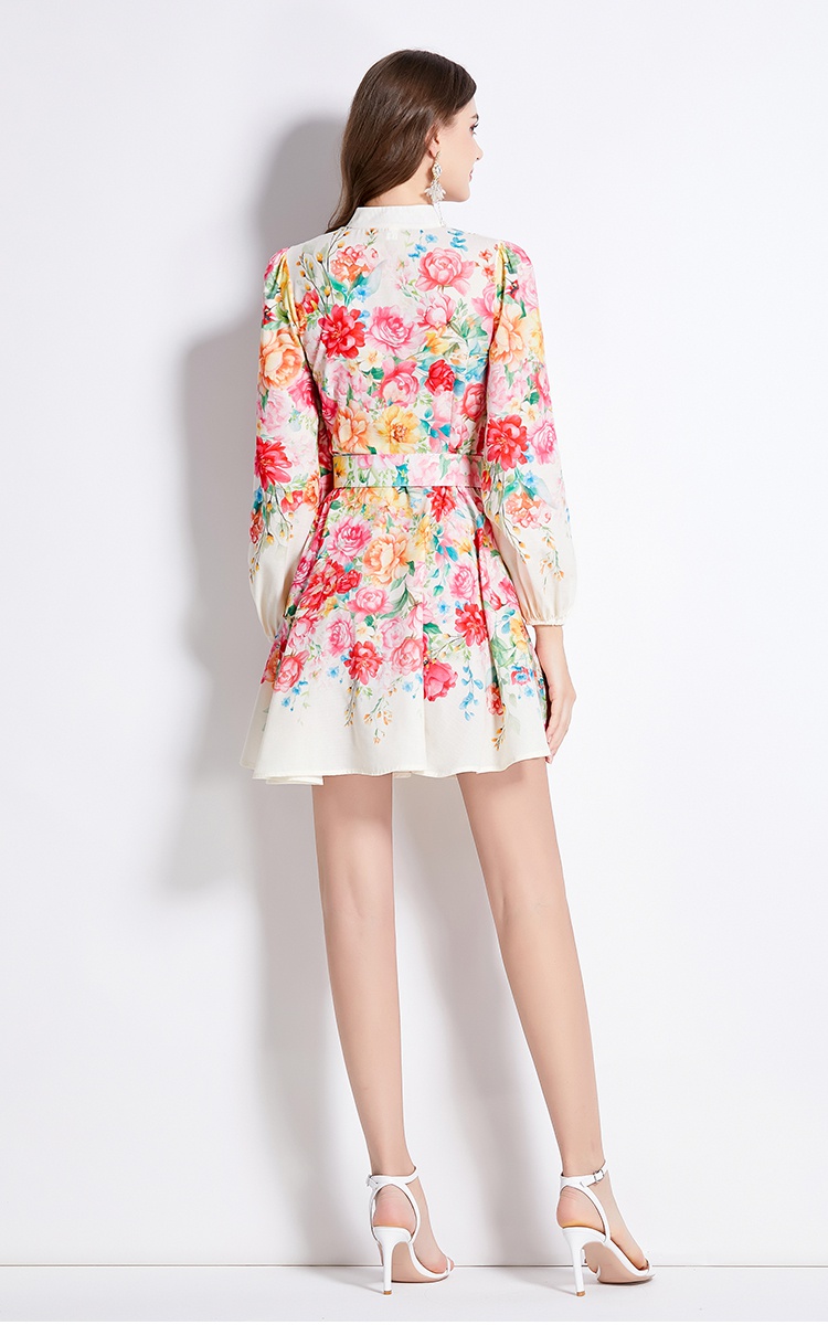 Cstand collar flowers spring and summer printing dress