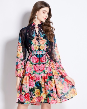 Flowers lantern sleeve wood ear printing spring fresh dress