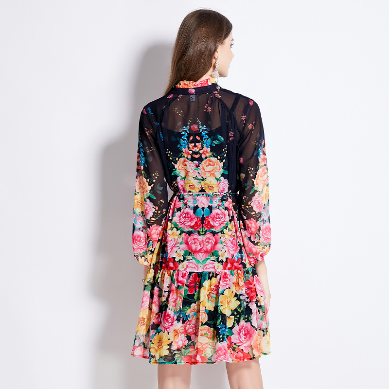 Flowers lantern sleeve wood ear printing spring fresh dress