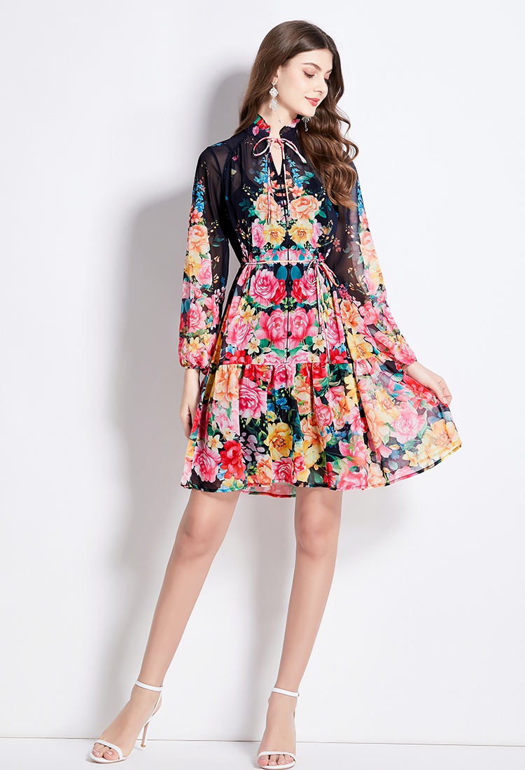 Flowers lantern sleeve wood ear printing spring fresh dress