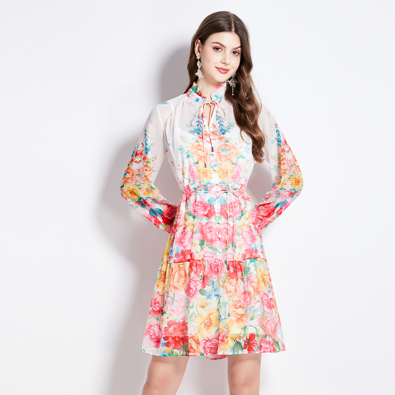 Cstand collar spring fresh wood ear flowers dress