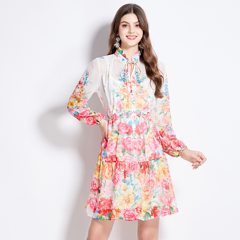 Cstand collar spring fresh wood ear flowers dress