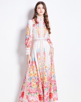 Flowers cstand collar long dress spring dress