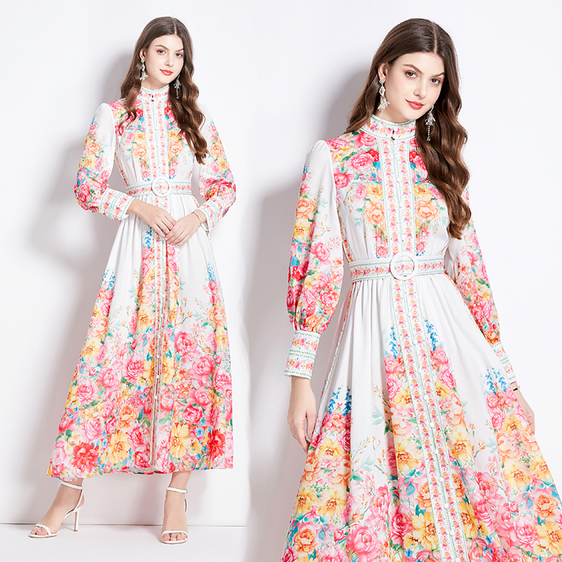 Flowers cstand collar long dress spring dress