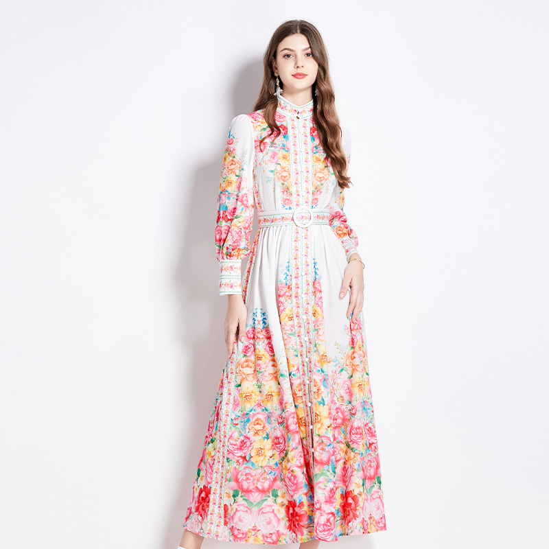 Flowers cstand collar long dress spring dress