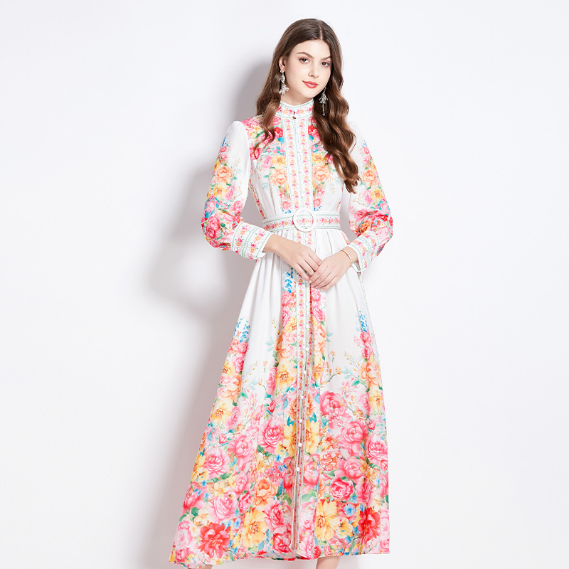 Flowers cstand collar long dress spring dress