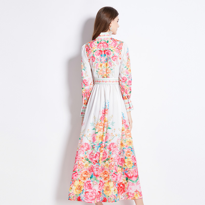 Flowers cstand collar long dress spring dress