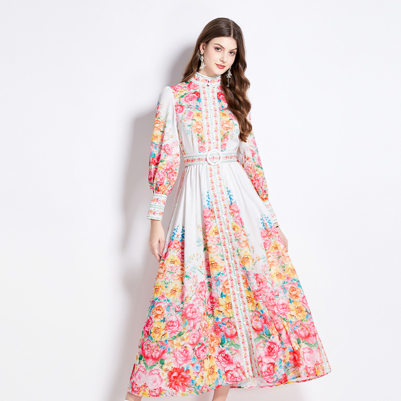 Flowers cstand collar long dress spring dress