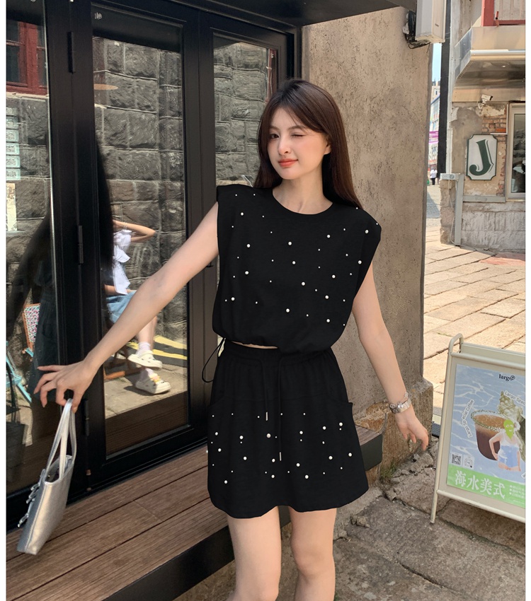 Temperament Casual fashion culottes niche beading tops 2pcs set