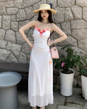 Pinched waist France style dress colors flowers long dress
