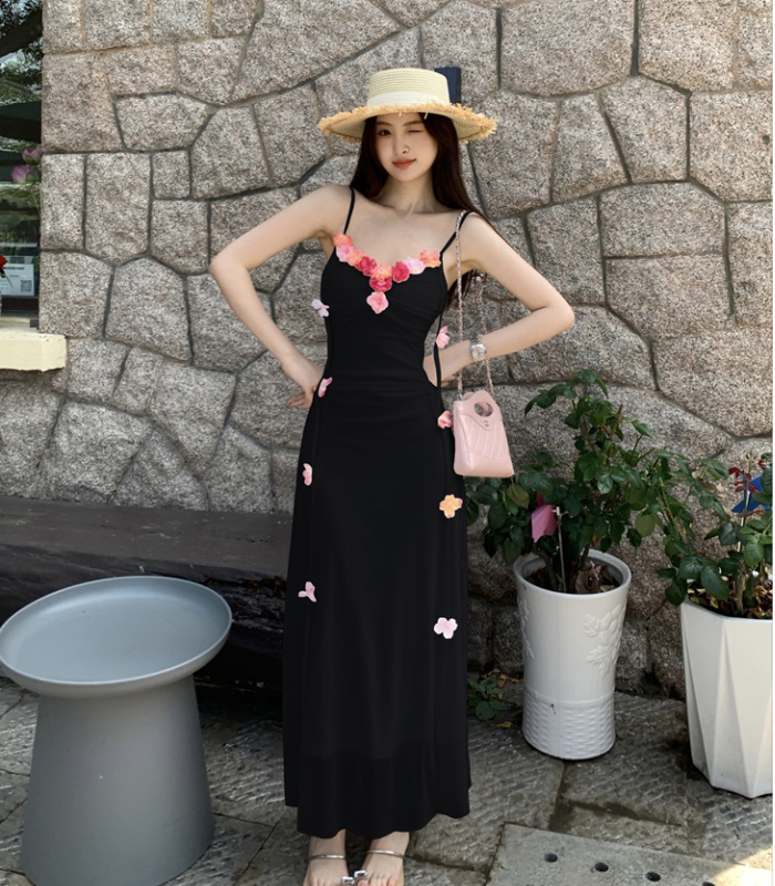 Pinched waist France style dress colors flowers long dress