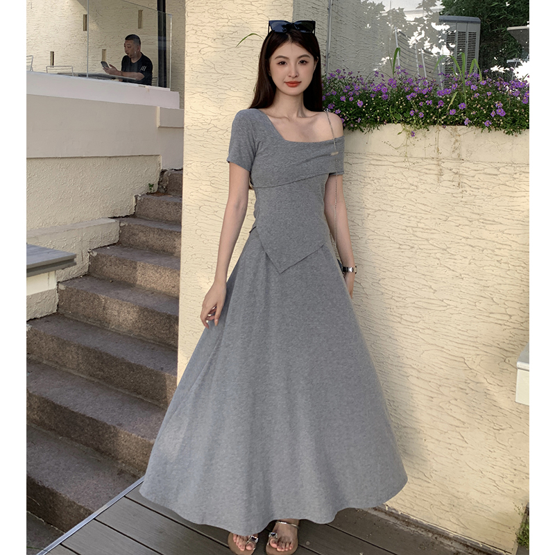 Short sleeve strapless T-shirt irregular long skirt 2pcs set