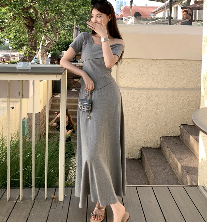 Short sleeve strapless T-shirt irregular long skirt 2pcs set