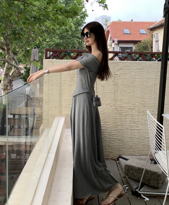 Short sleeve strapless T-shirt irregular long skirt 2pcs set