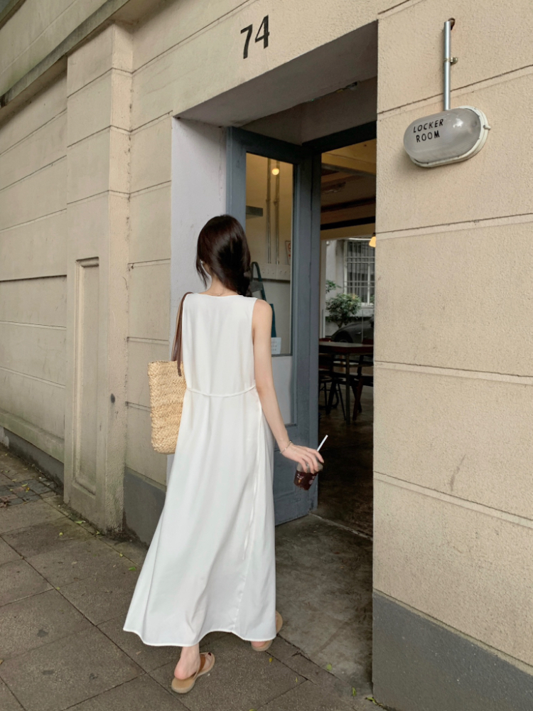 Pinched waist Casual long dress sleeveless dress for women