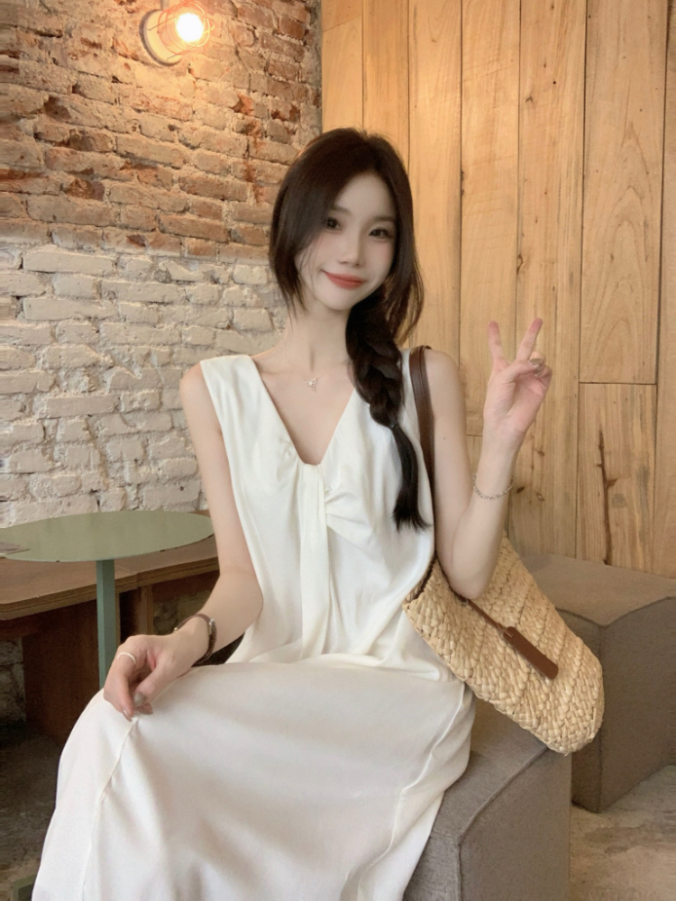 Pinched waist Casual long dress sleeveless dress for women