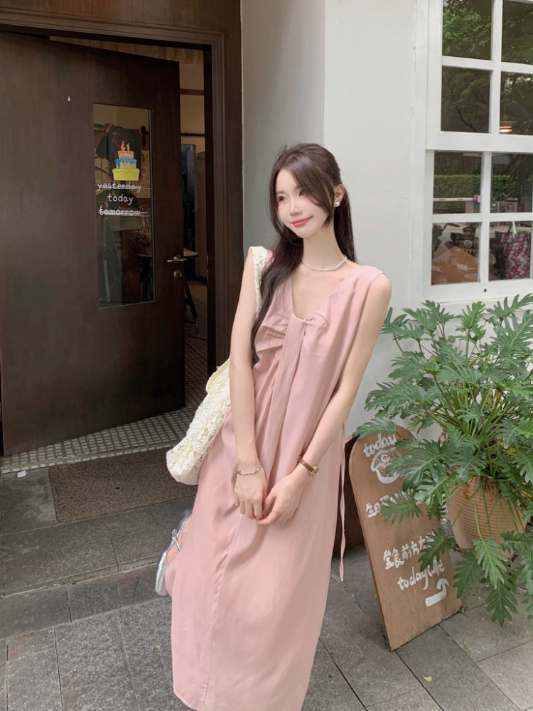 Pinched waist Casual long dress sleeveless dress for women