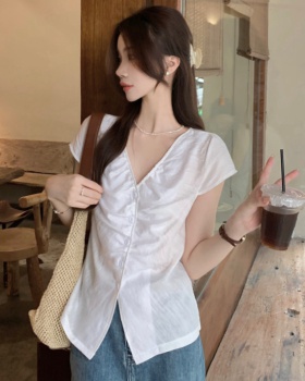 Crimp short sleeve slim tops fold France style shirt for women