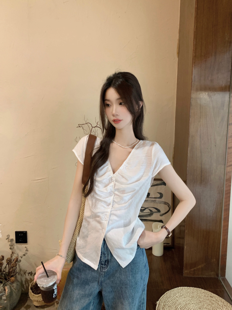 Crimp short sleeve slim tops fold France style shirt for women