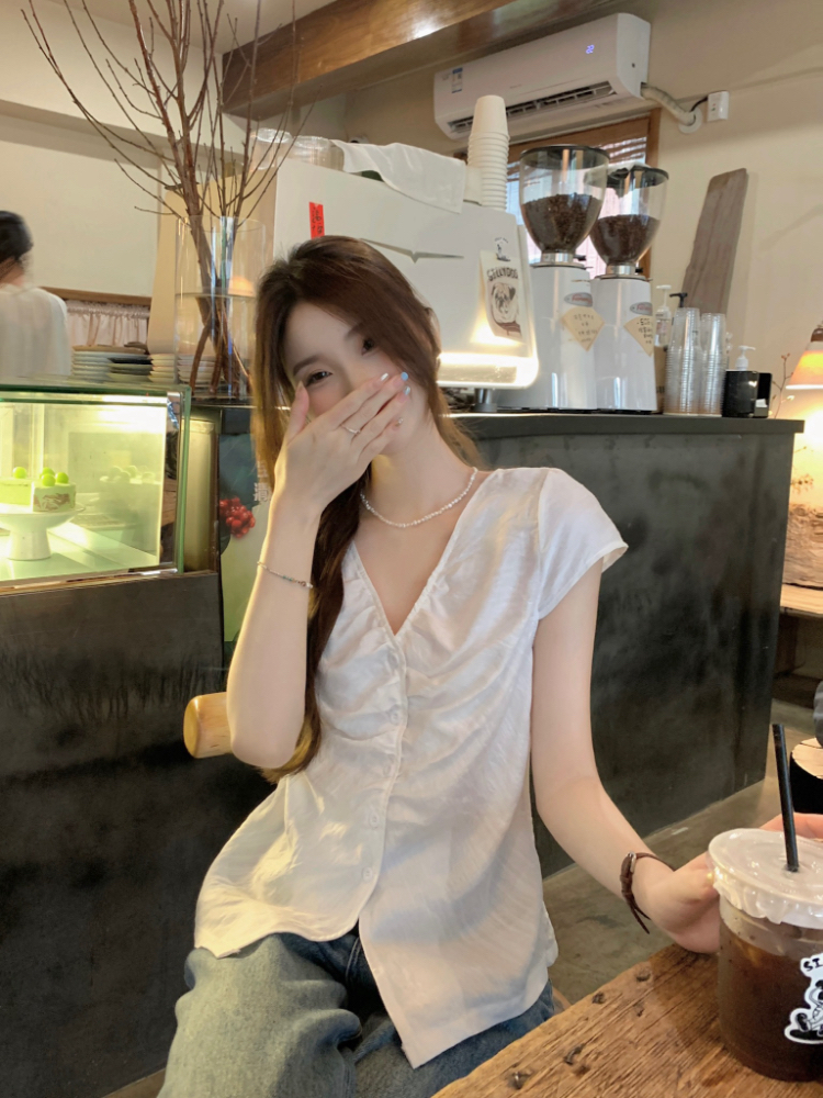 Crimp short sleeve slim tops fold France style shirt for women