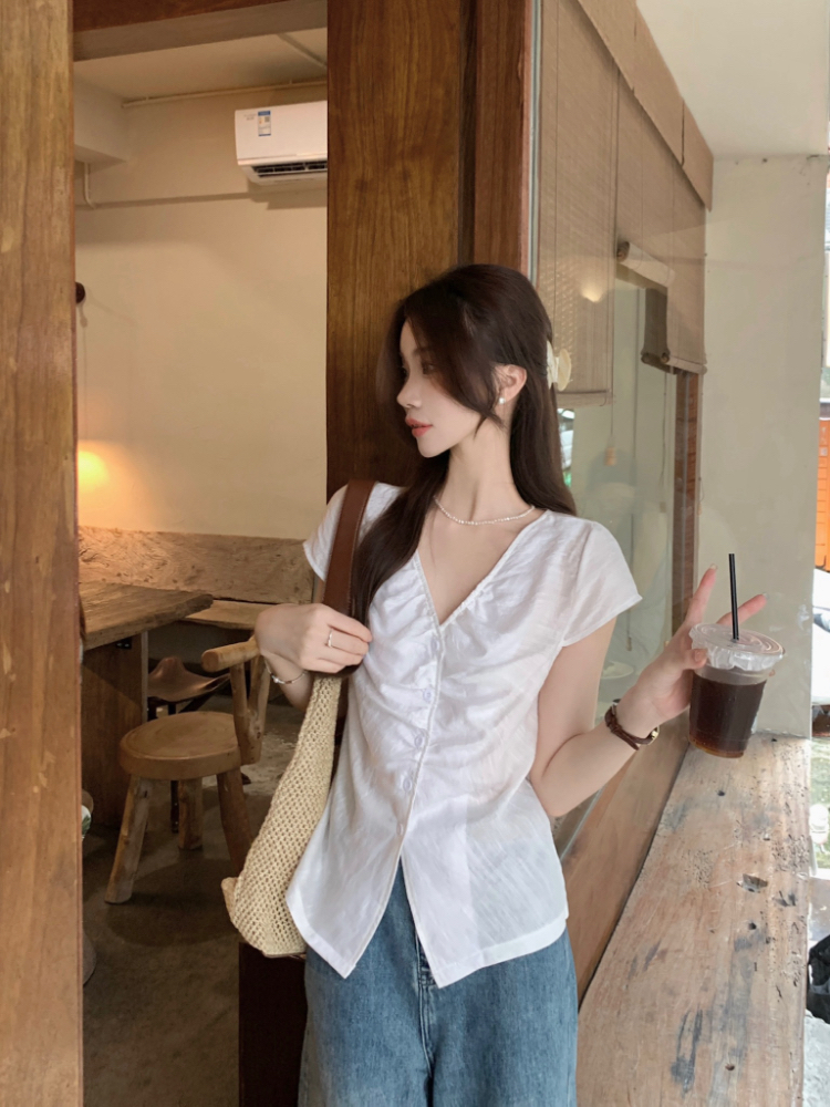 Crimp short sleeve slim tops fold France style shirt for women