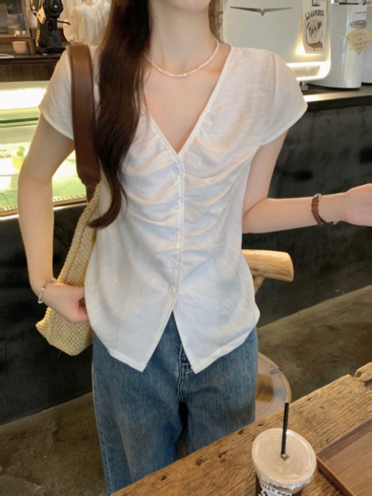 Crimp short sleeve slim tops fold France style shirt for women