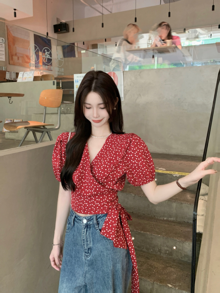 V-neck short sleeve tops pinched waist summer shirt