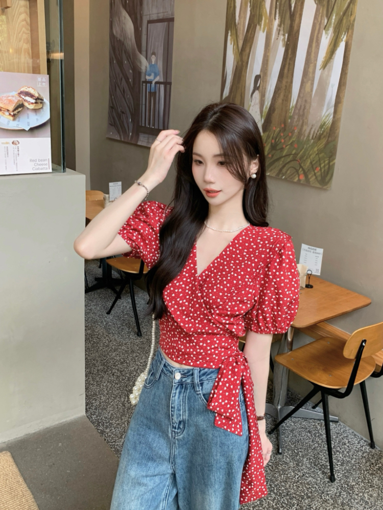 V-neck short sleeve tops pinched waist summer shirt