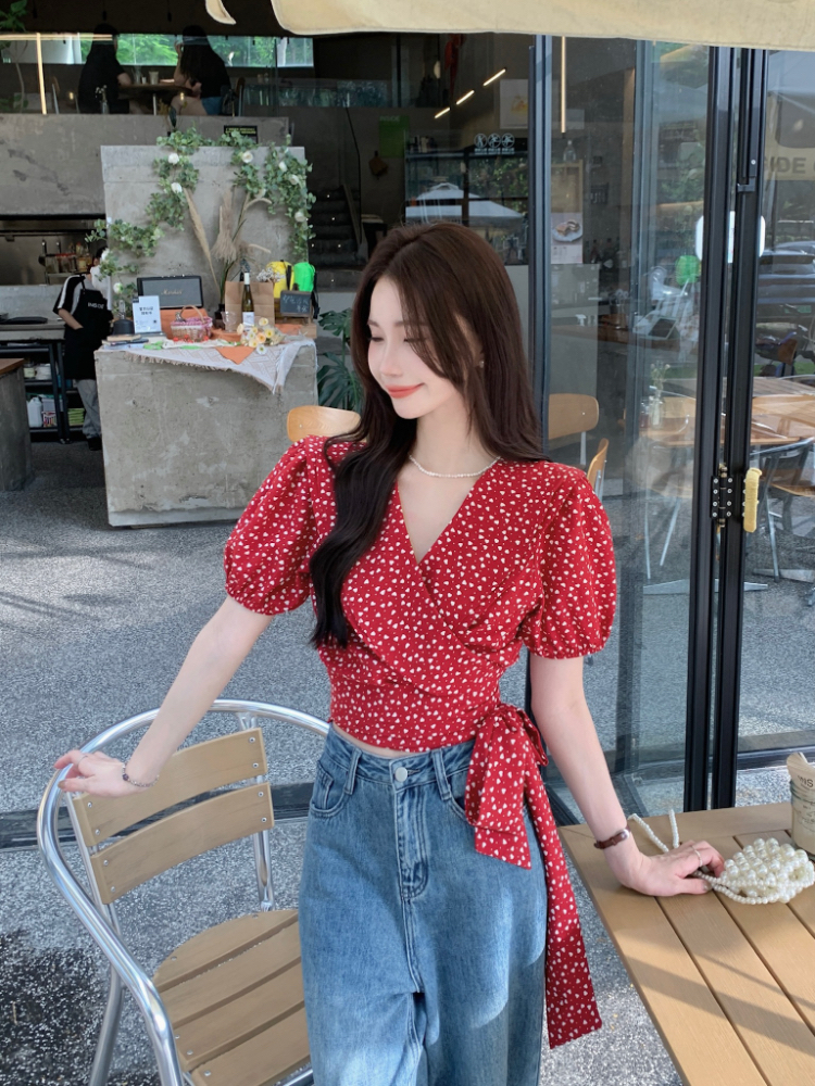 V-neck short sleeve tops pinched waist summer shirt