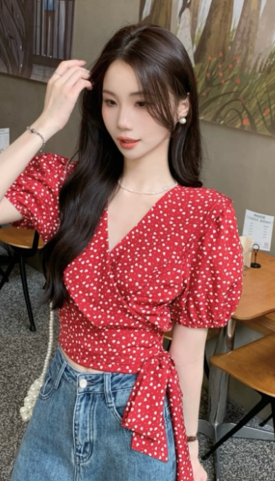 V-neck short sleeve tops pinched waist summer shirt