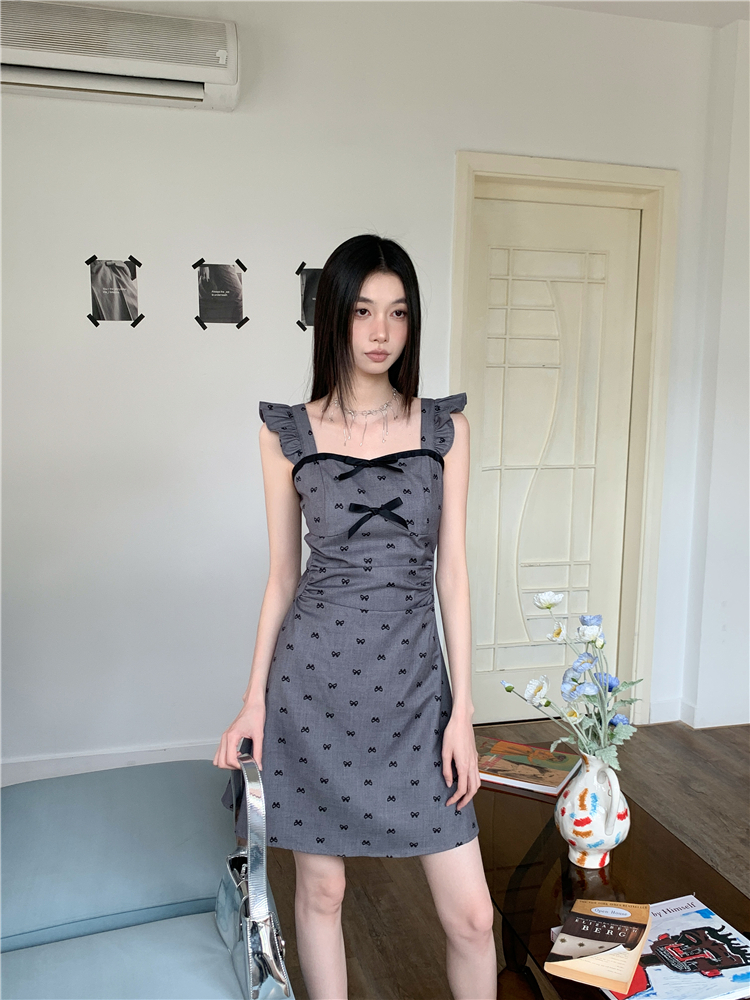 France style gray A-line boats sleeve dress for women