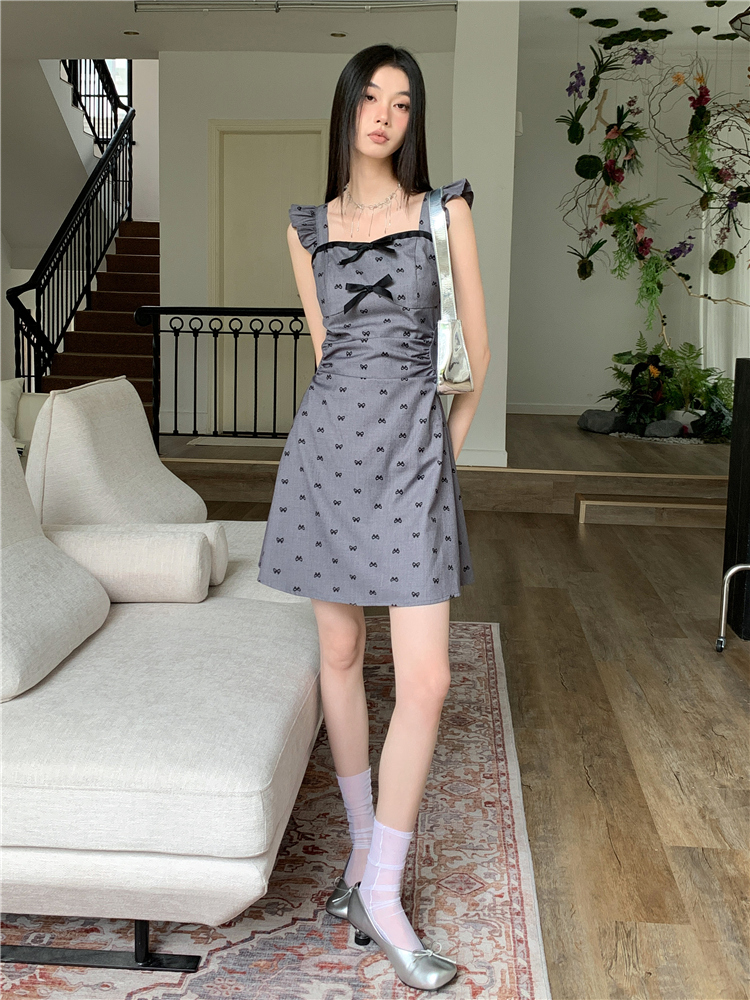 France style gray A-line boats sleeve dress for women