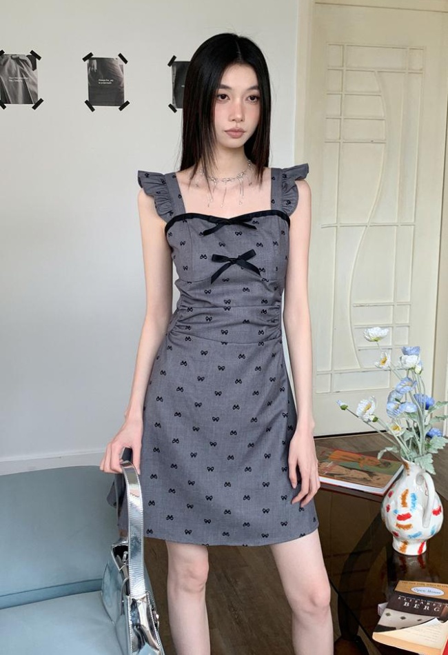 France style gray A-line boats sleeve dress for women