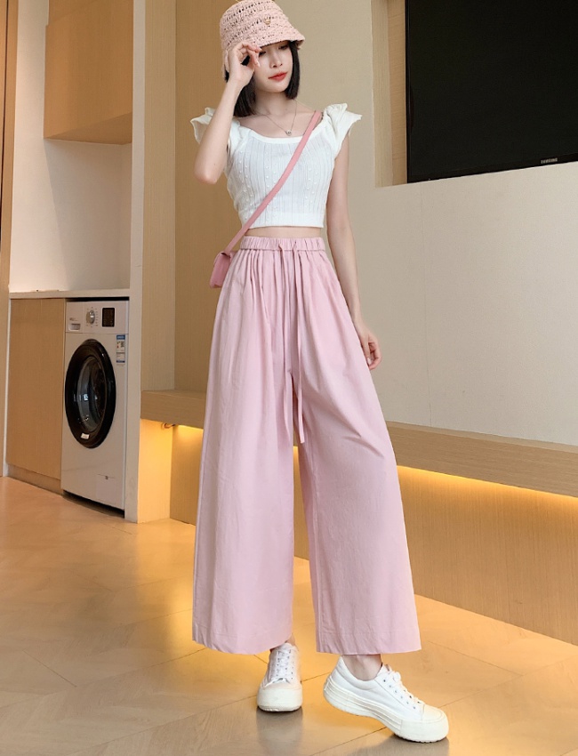 Elastic waist casual pants simple wide leg pants