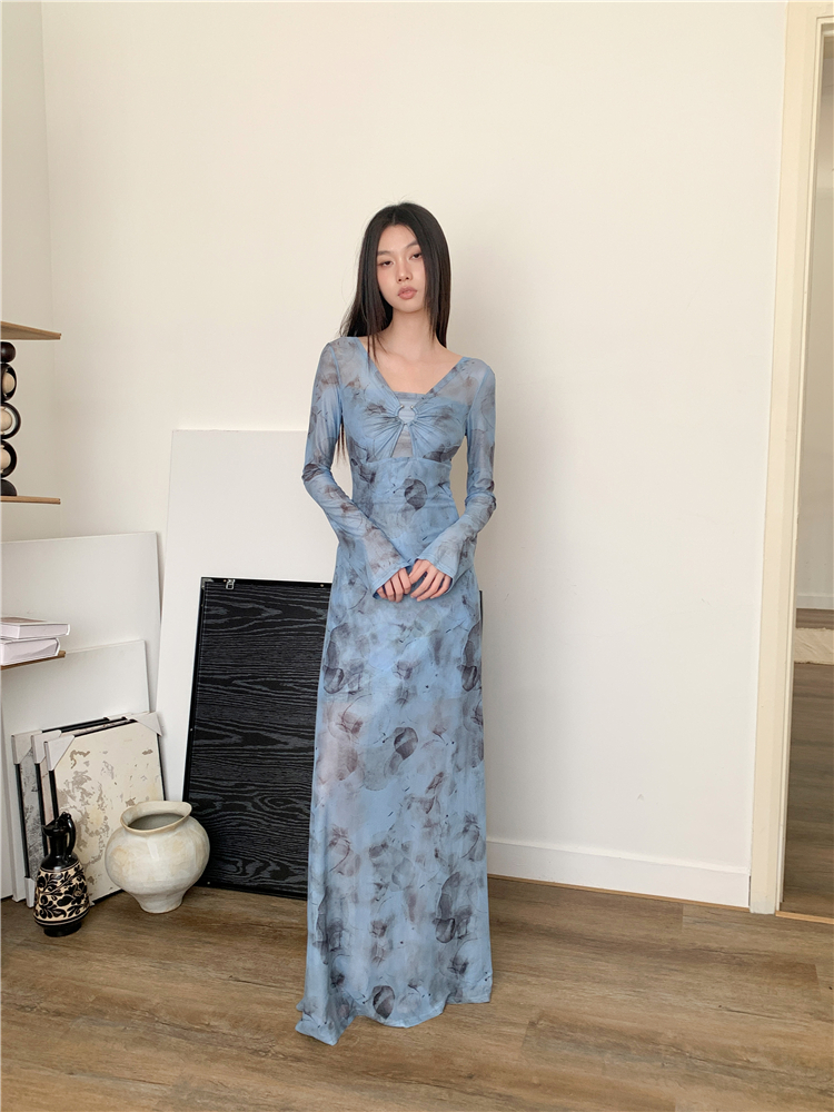 Pinched waist breathable long dress slim dress