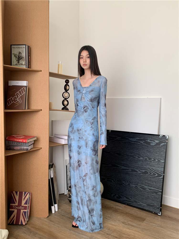 Pinched waist breathable long dress slim dress