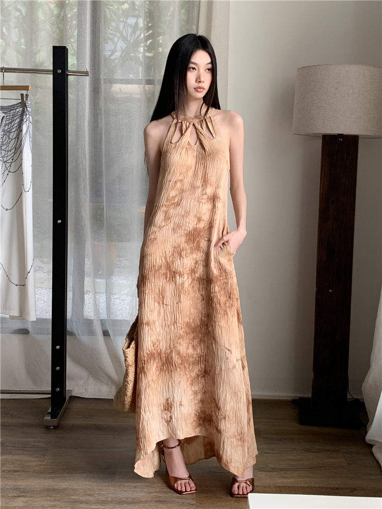 Vacation hollow long dress printing strap dress