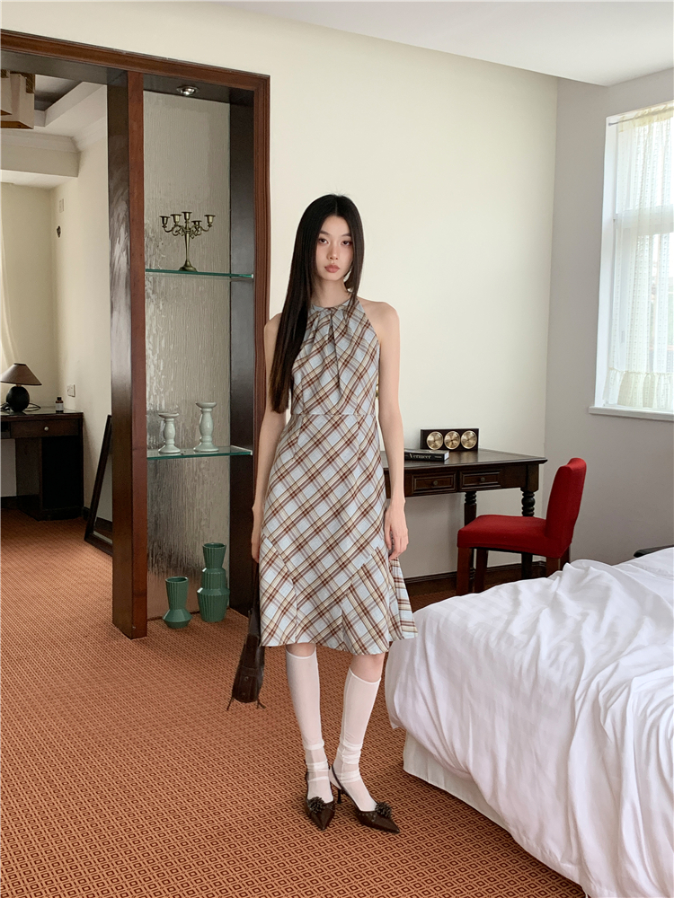 Mixed colors long dress plaid strap dress