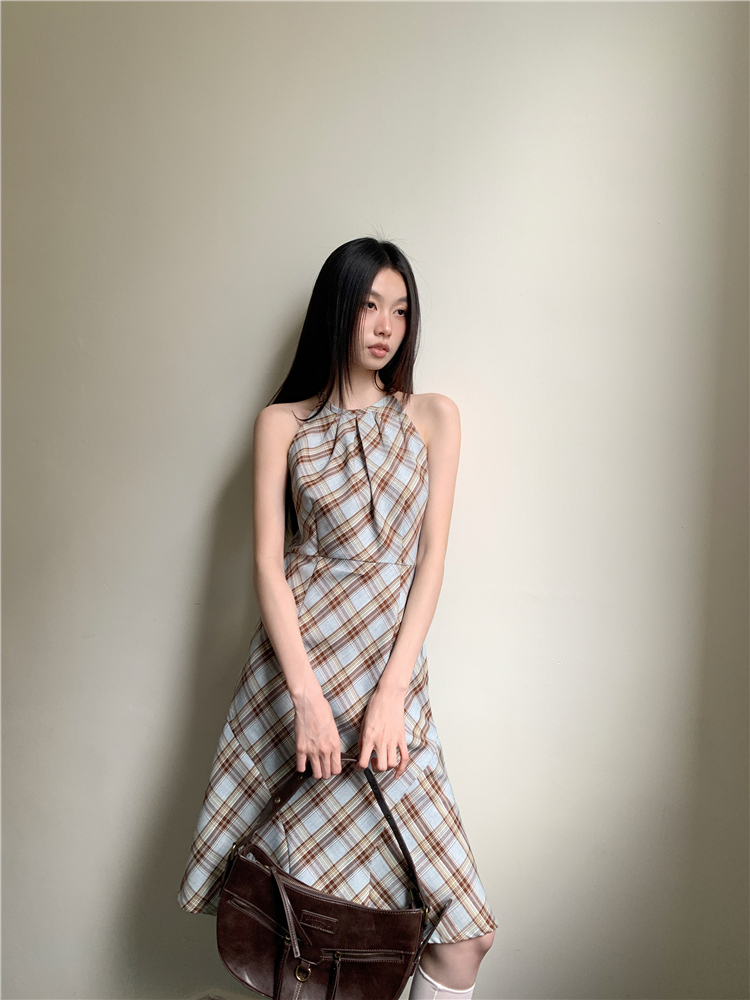 Mixed colors long dress plaid strap dress