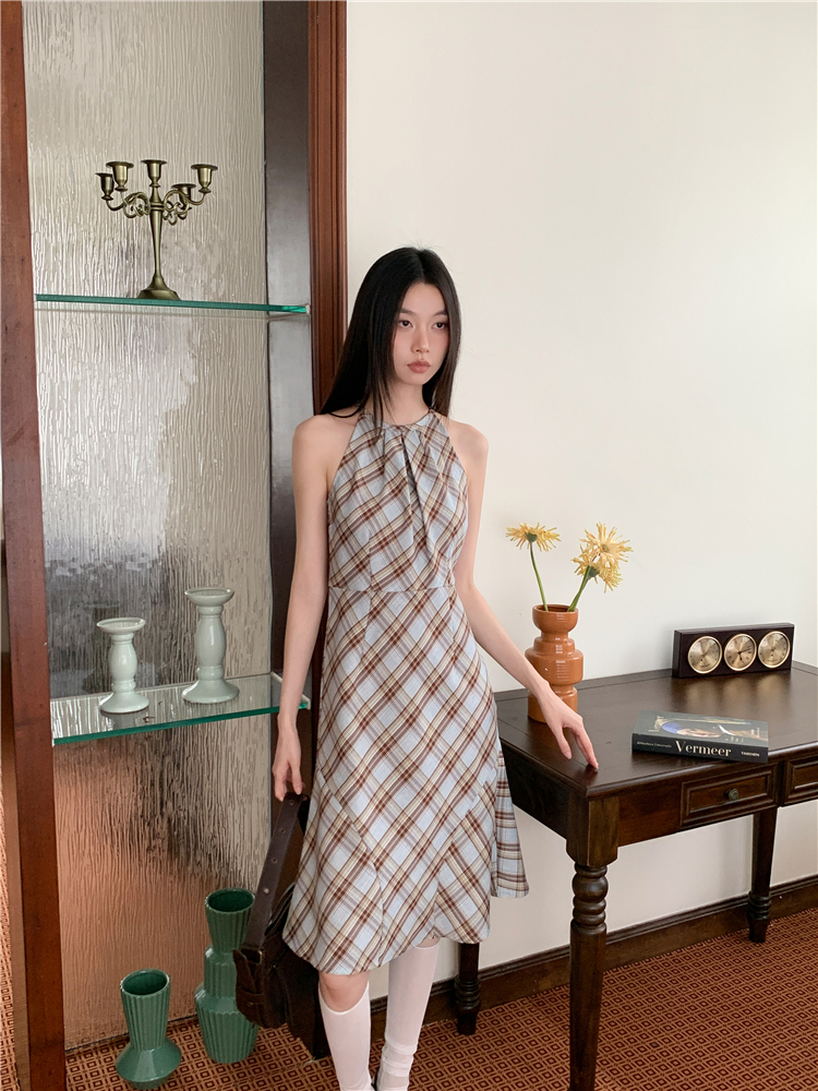 Mixed colors long dress plaid strap dress