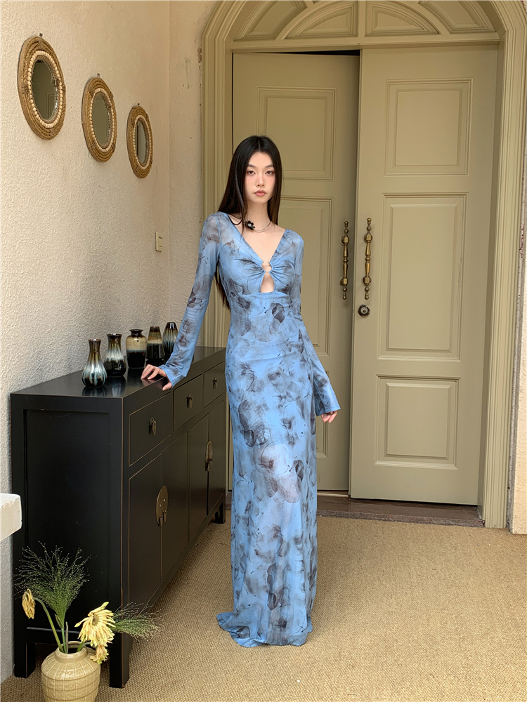 Pinched waist breathable summer blue printing slim dress