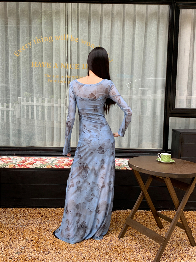 Pinched waist breathable summer blue printing slim dress