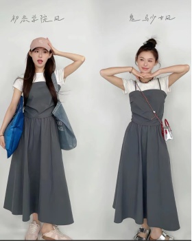 Cotton Pseudo-two washed fold gray natural dress a set