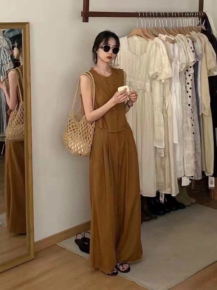 Commuting high waist tops fashion wide leg pants a set