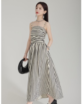 Stripe fold long dress A-line strapless dress for women